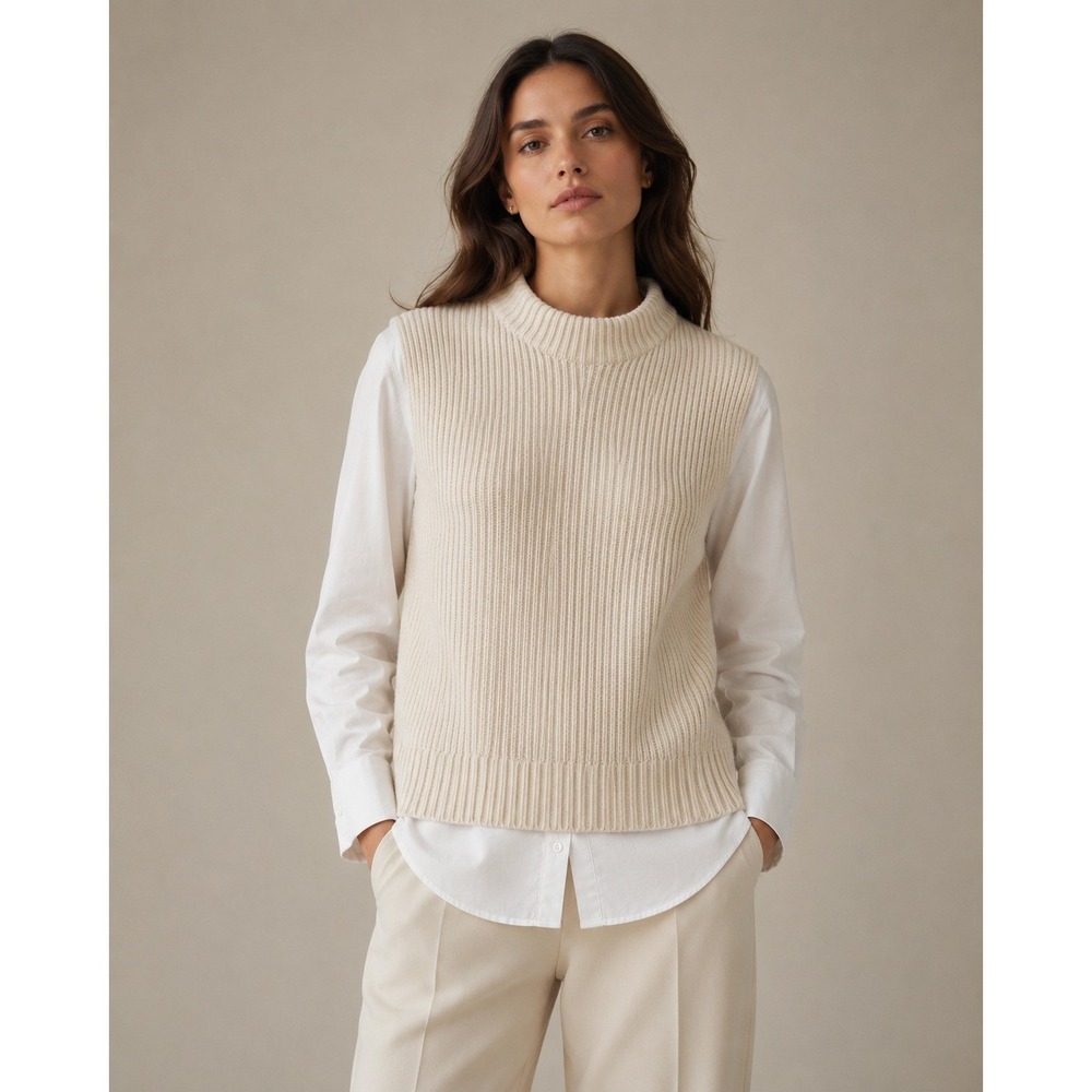 Brochu Walker Knit Sweater Sz S Cream 2-in-1 Layered Wool Cashmere Quiet Luxury